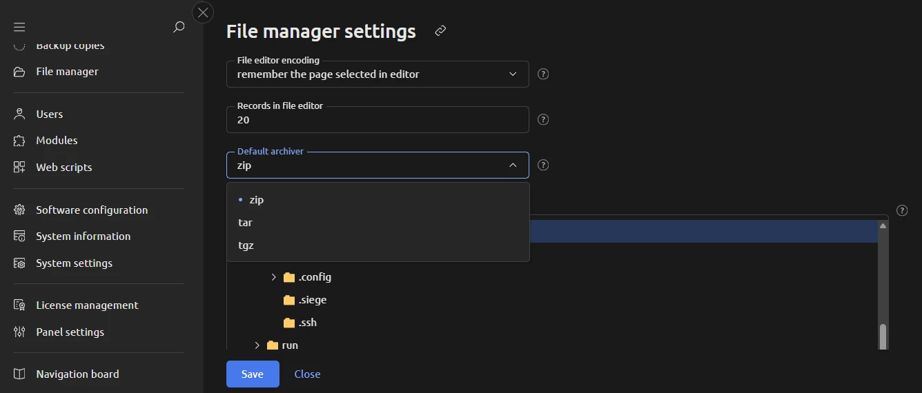 View of ispmanager file manager settings