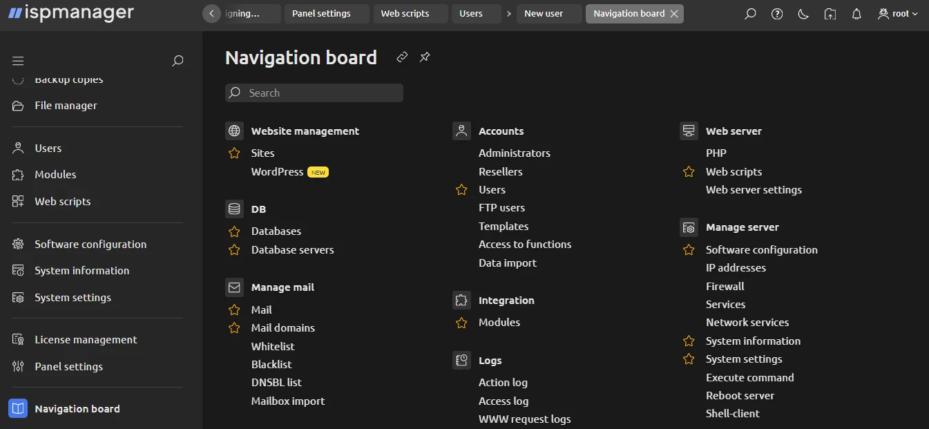 View of ispmanager Navigation board
