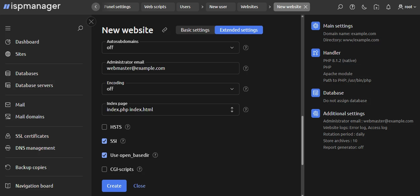 View of extended site settings in ispmanager