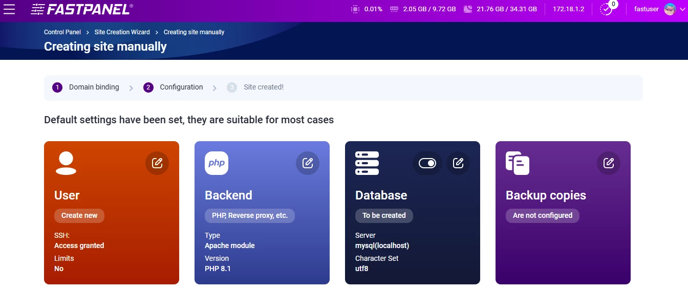 Website configuration in FASTPANEL