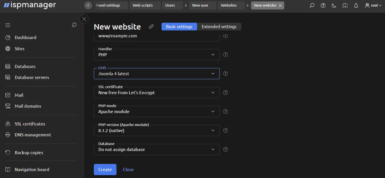 Basic site settings in ispmanager