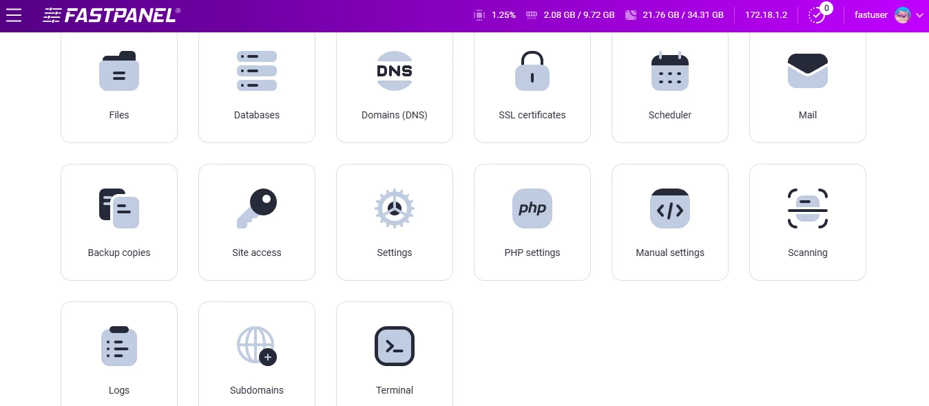 View of website management dashboard in FASTPANEL