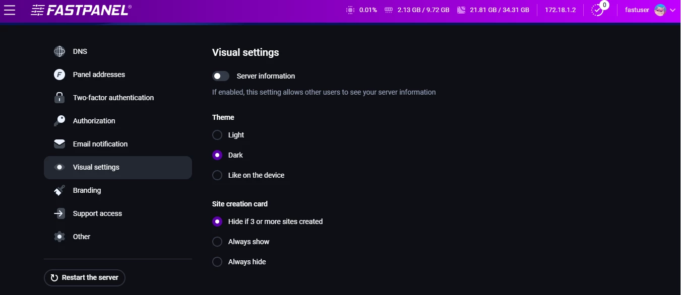 View of FASTPANEL dark mode