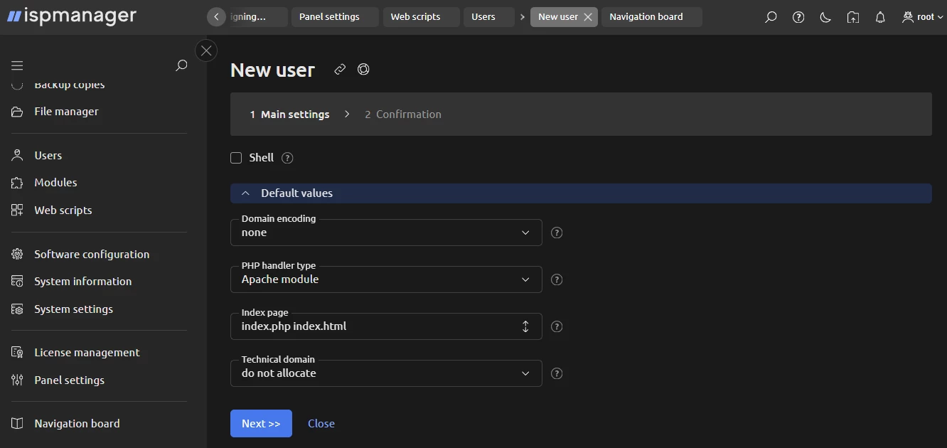View of user settings in ispmanager