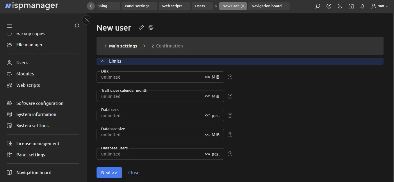 View of user creation in ispmanager