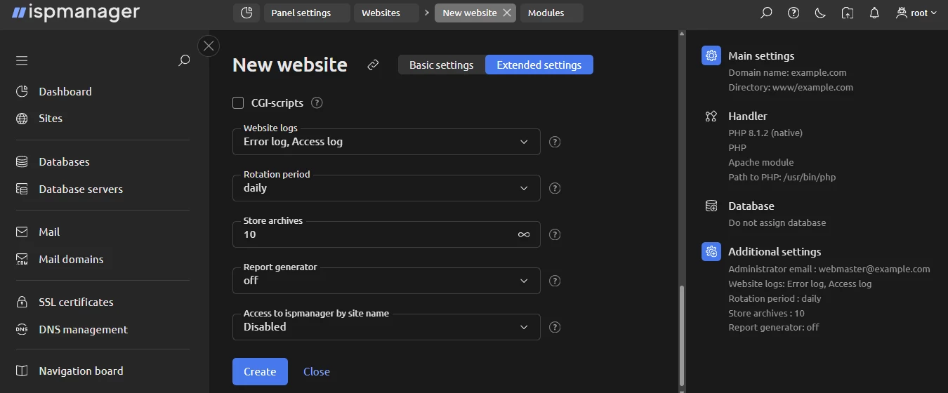 View of extended site settings in ispmanager