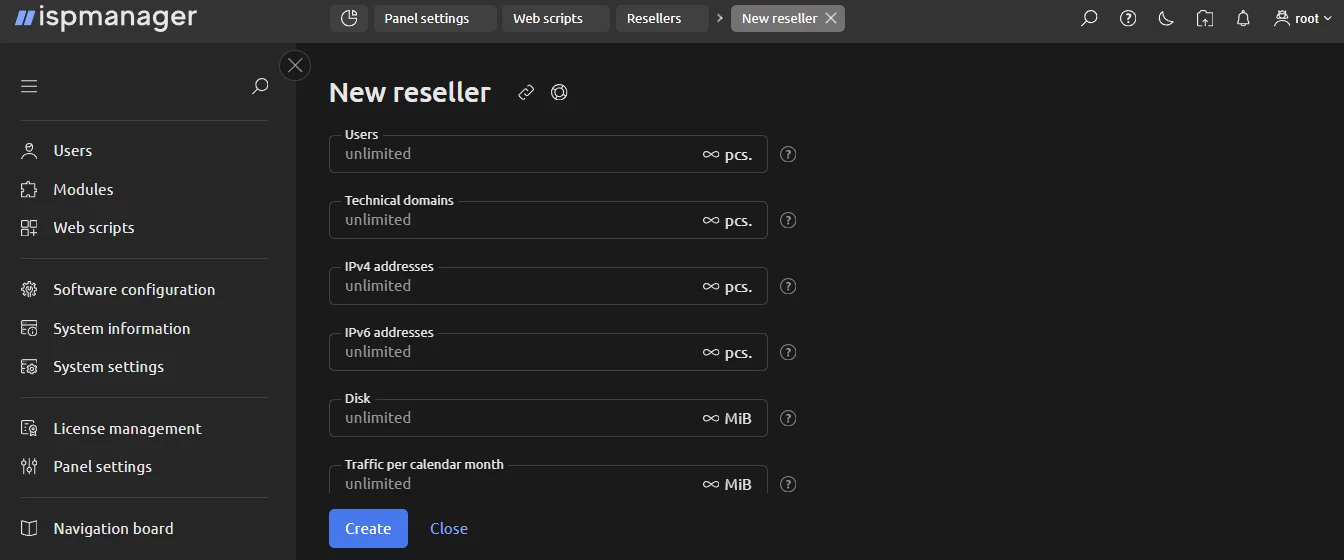 View of reseller accounting in ispmanager