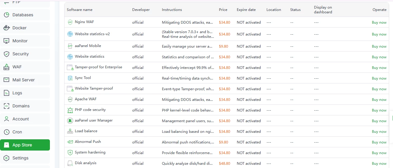 View of aaPanel paid tools