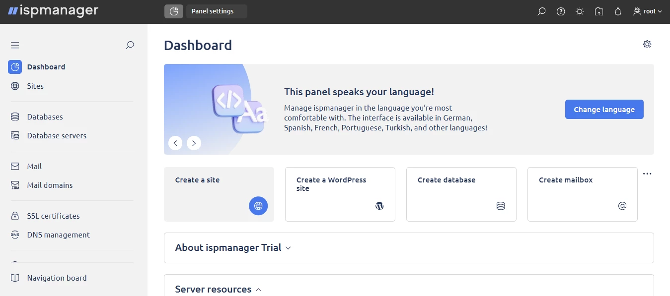 View of ispmanager light theme