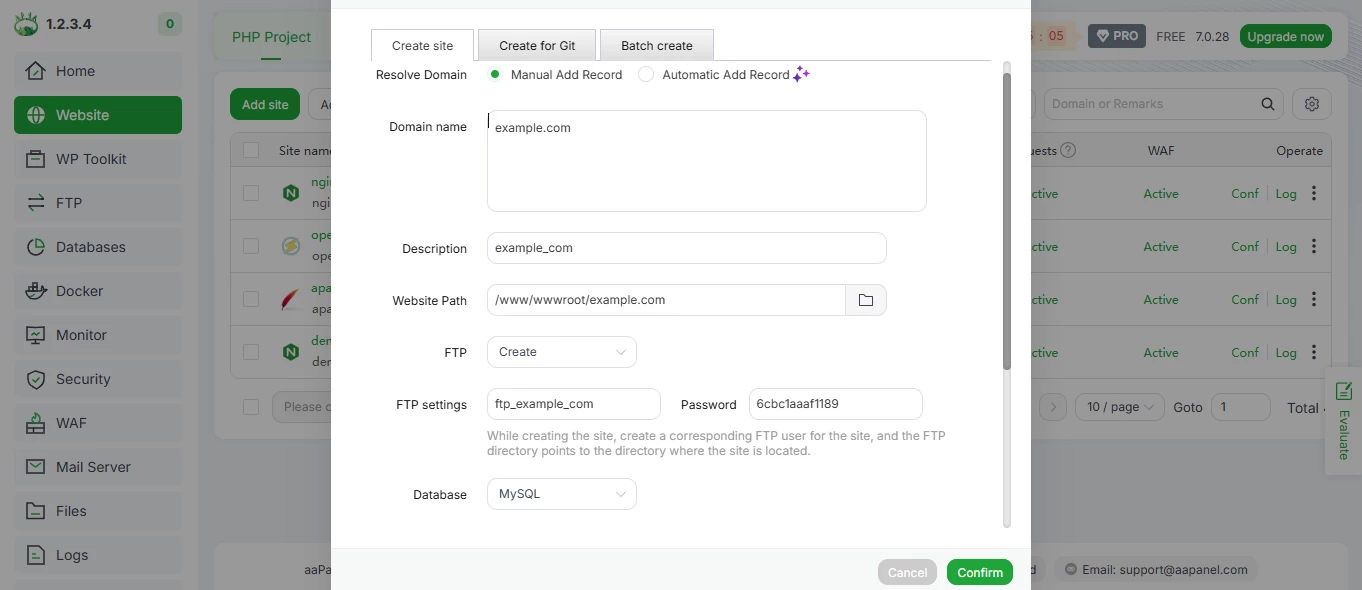 View of website creation in aaPanel