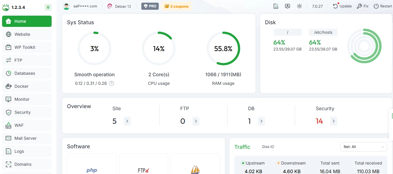 View of aaPanel dashboard blocks