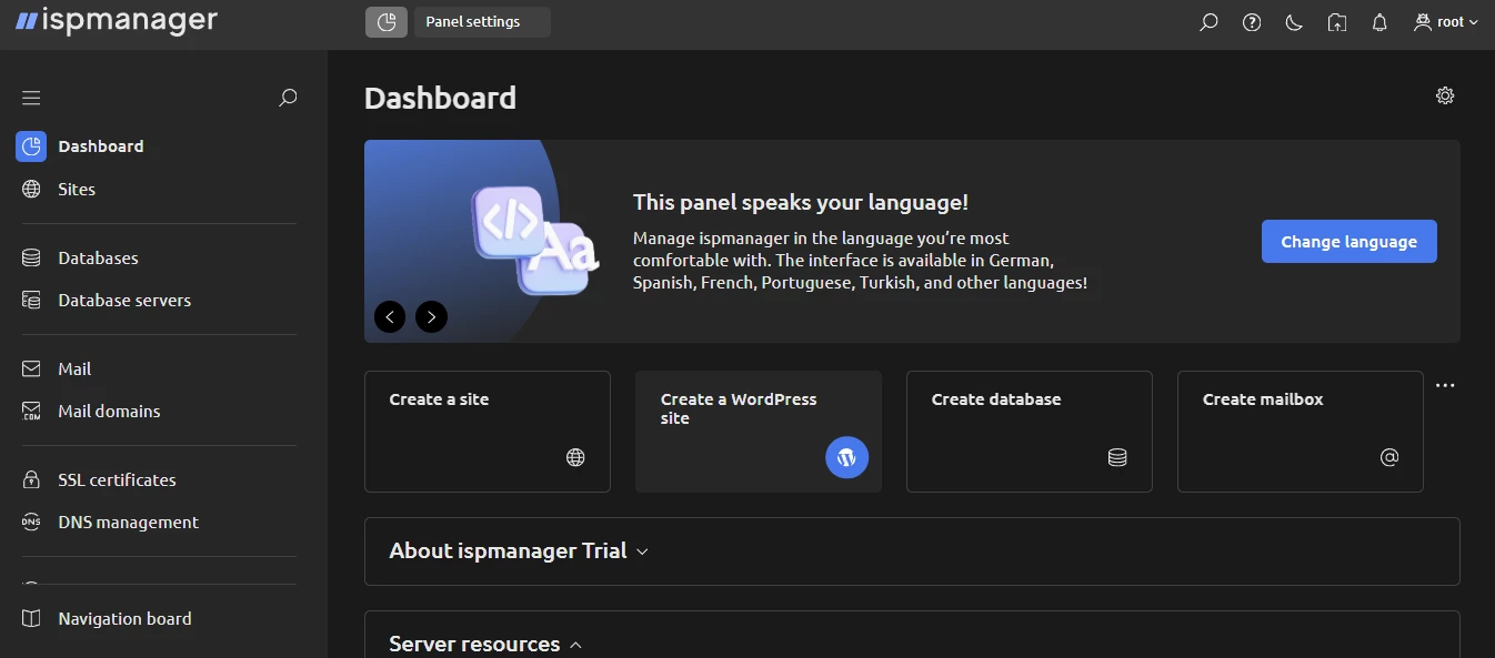 View of ispmanager dark theme