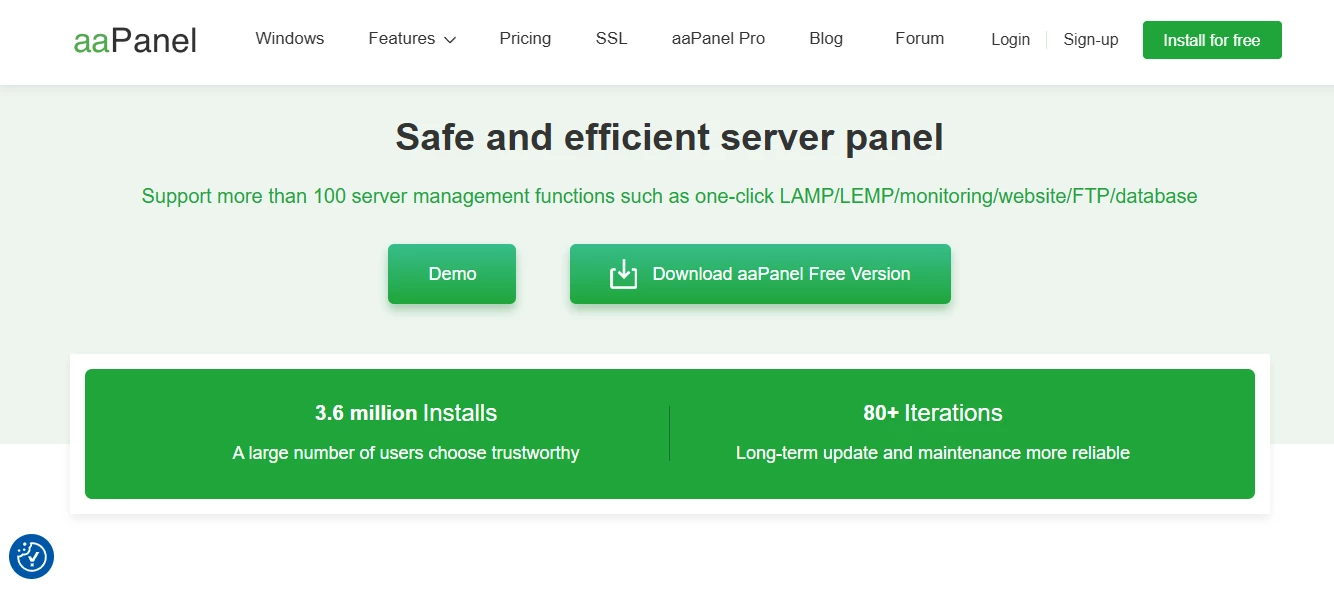 View of aaPanel home page