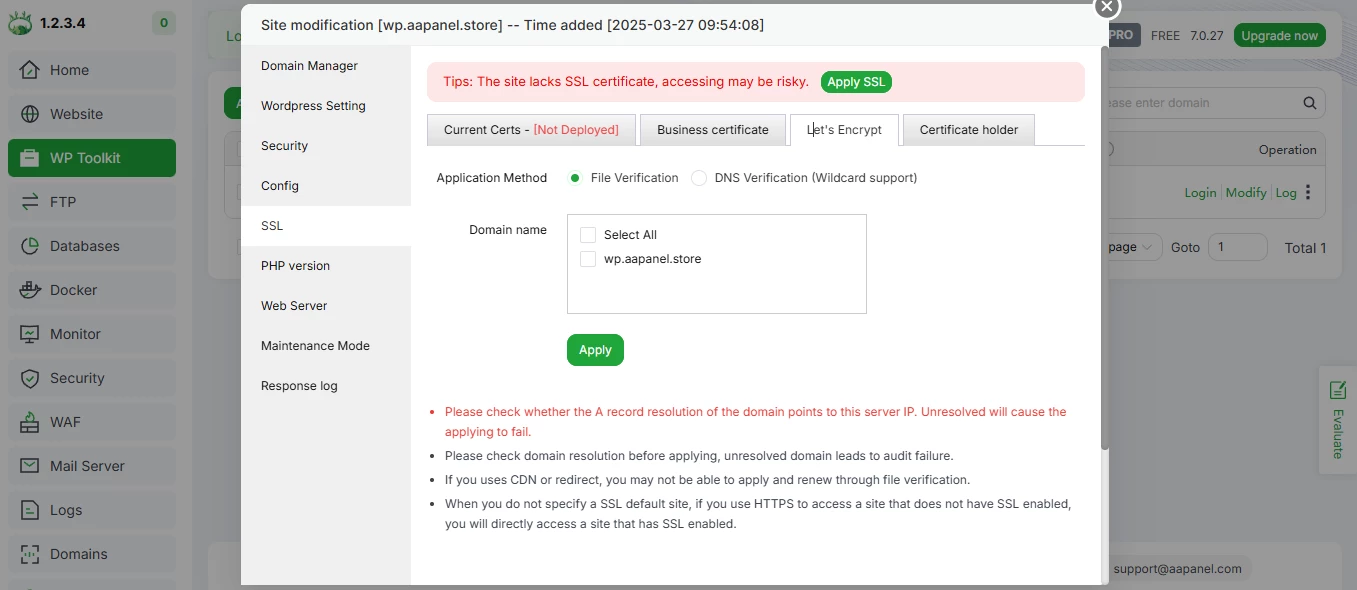 View of SSL issuing in aaPanel