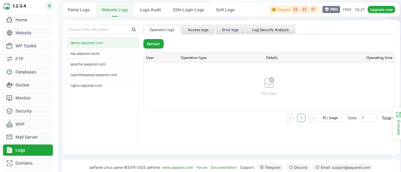 View of aaPanel dashboard section
