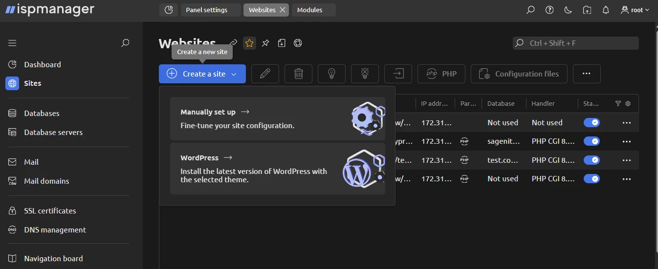 View of site creation in ispmanager