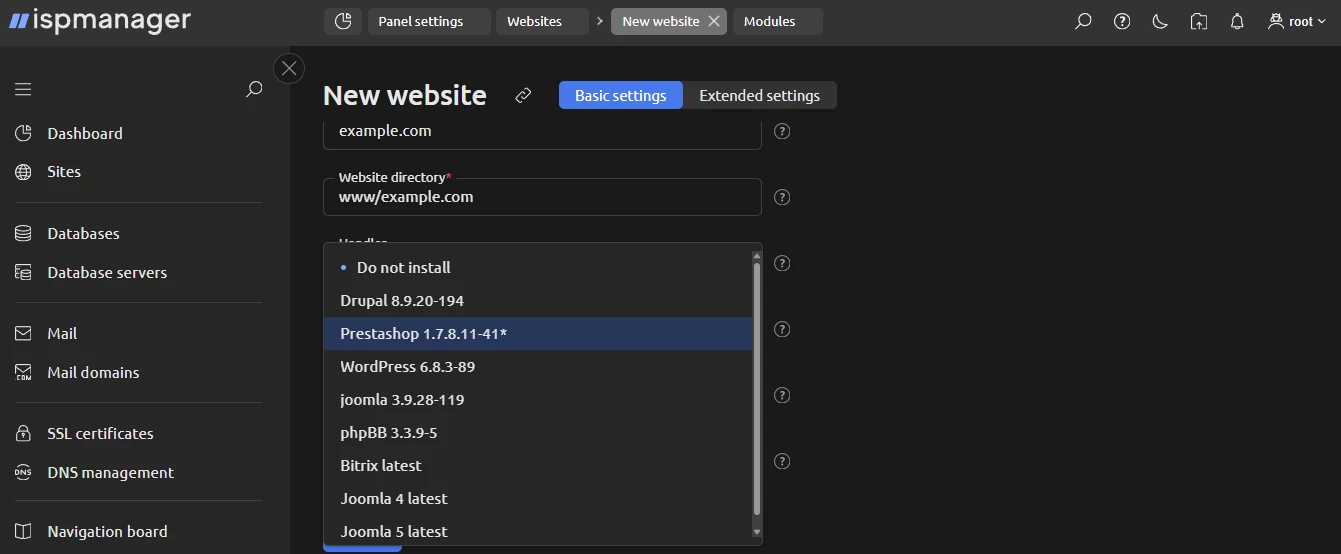 View of CMS choice in ispmanager