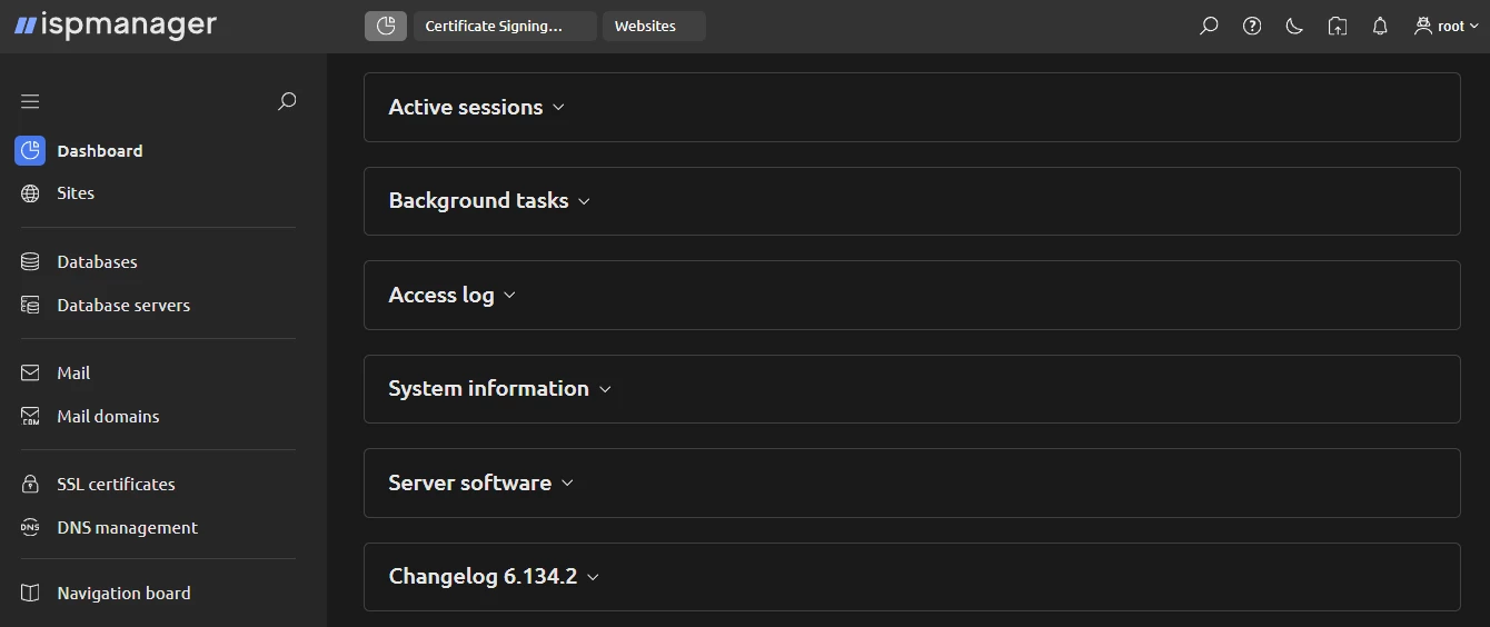 View of ispmanager dashboard blocks