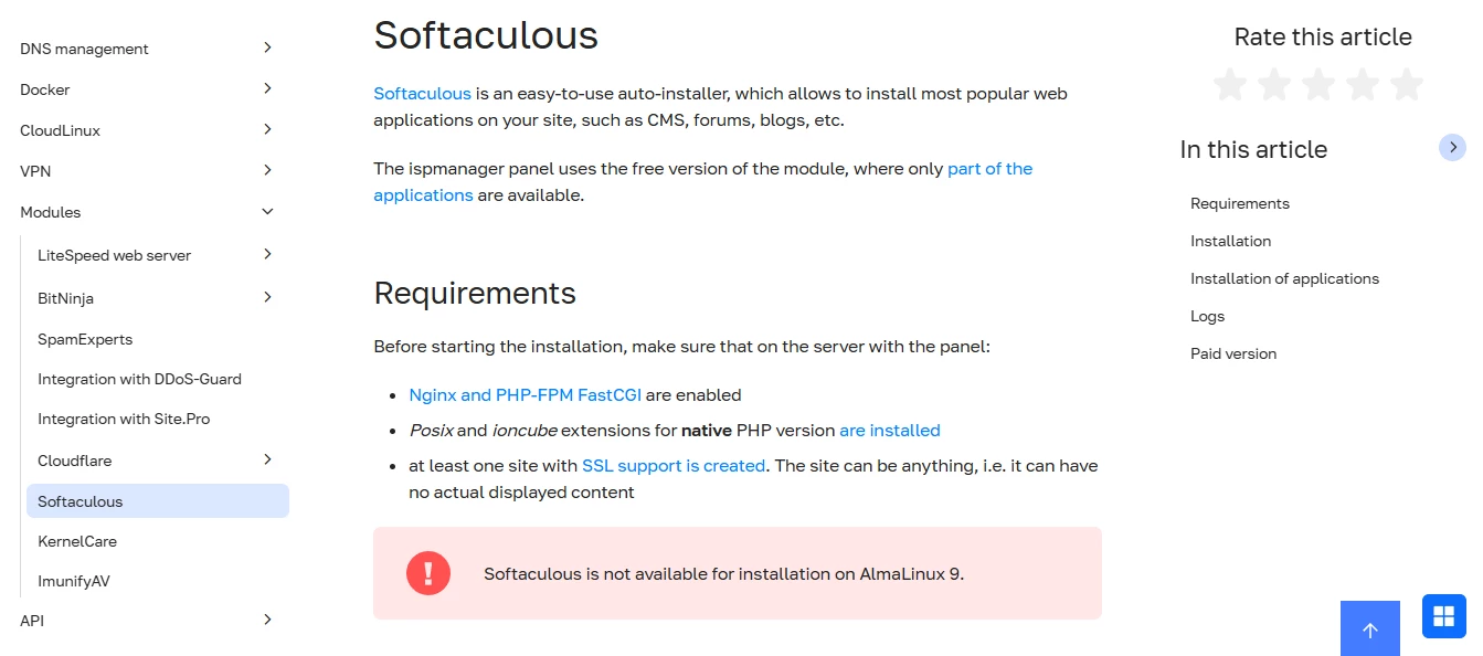 View of ispmanager documentation page about Softaculous