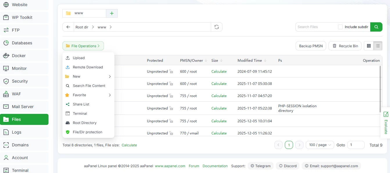 View of aaPanel file manager