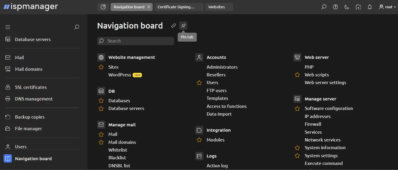 View of ispmanager Navigation board