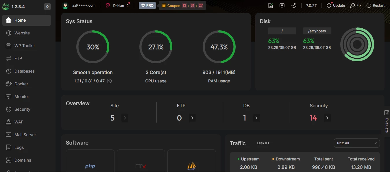 View of aaPanel dark theme