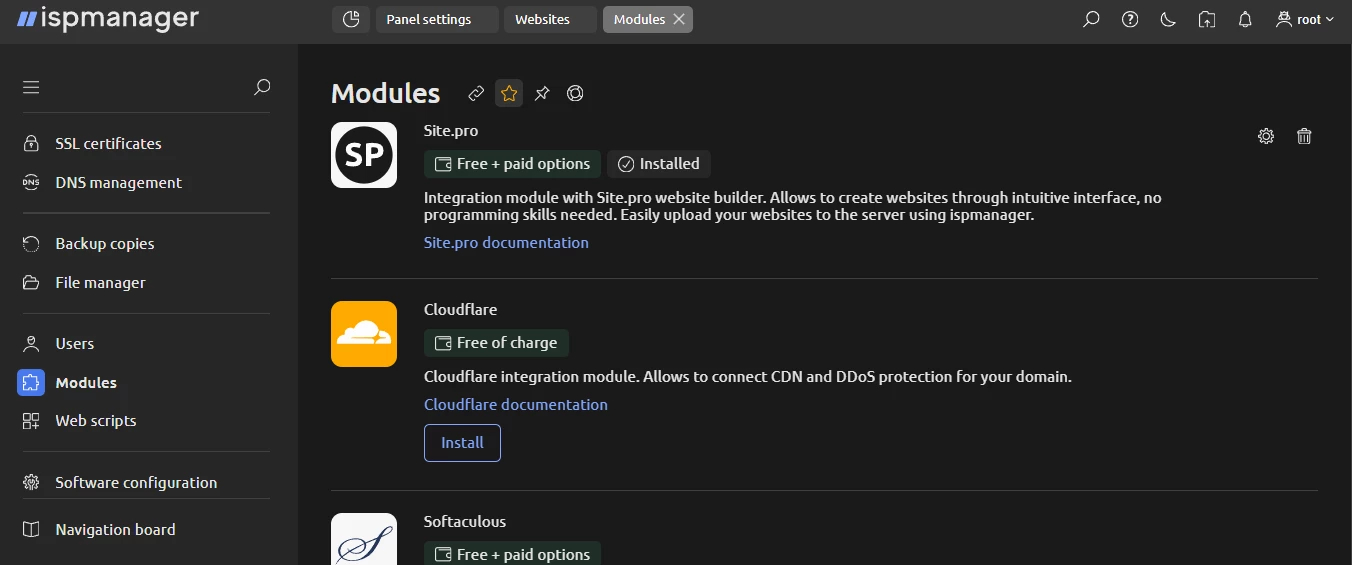 View of ispmanager modules