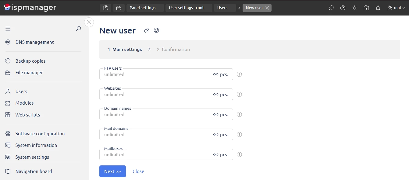 View of adding new user in ispmanager