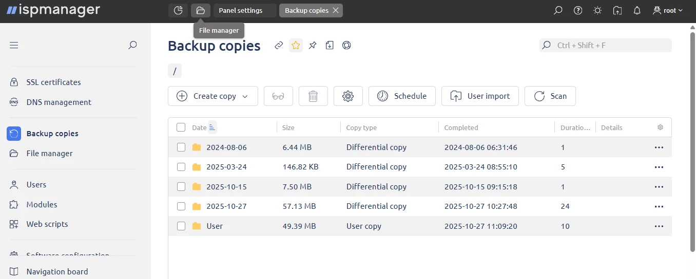 View of pinned favorites in ispmanager