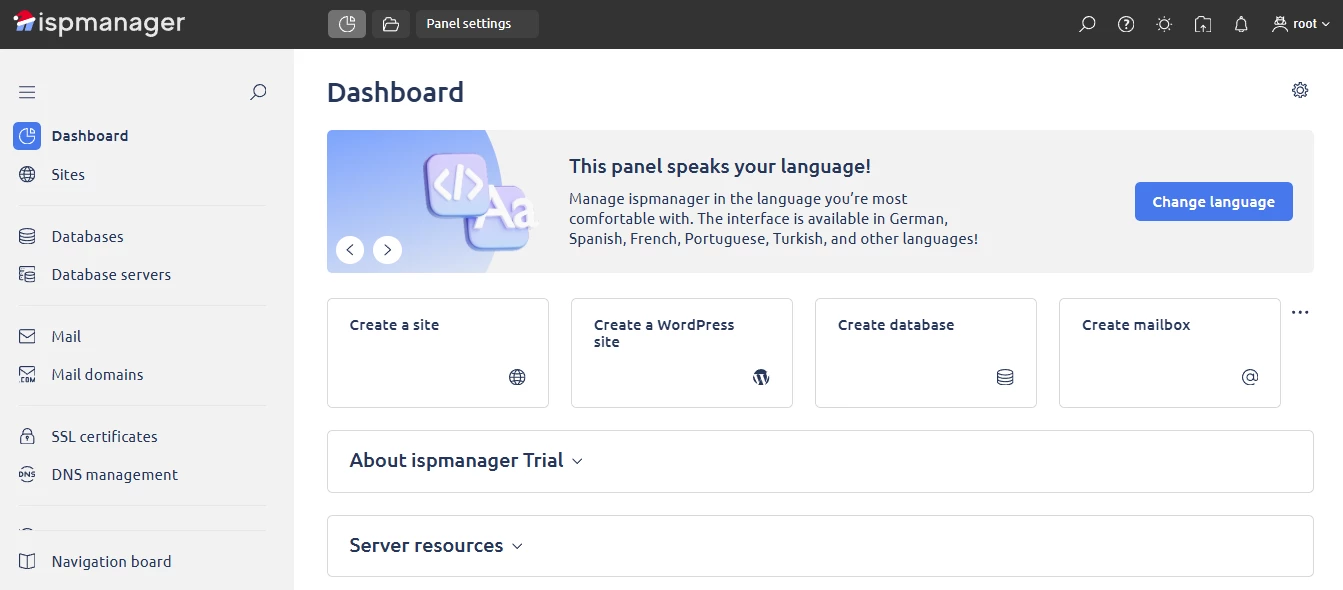 View of ispmanager light mode