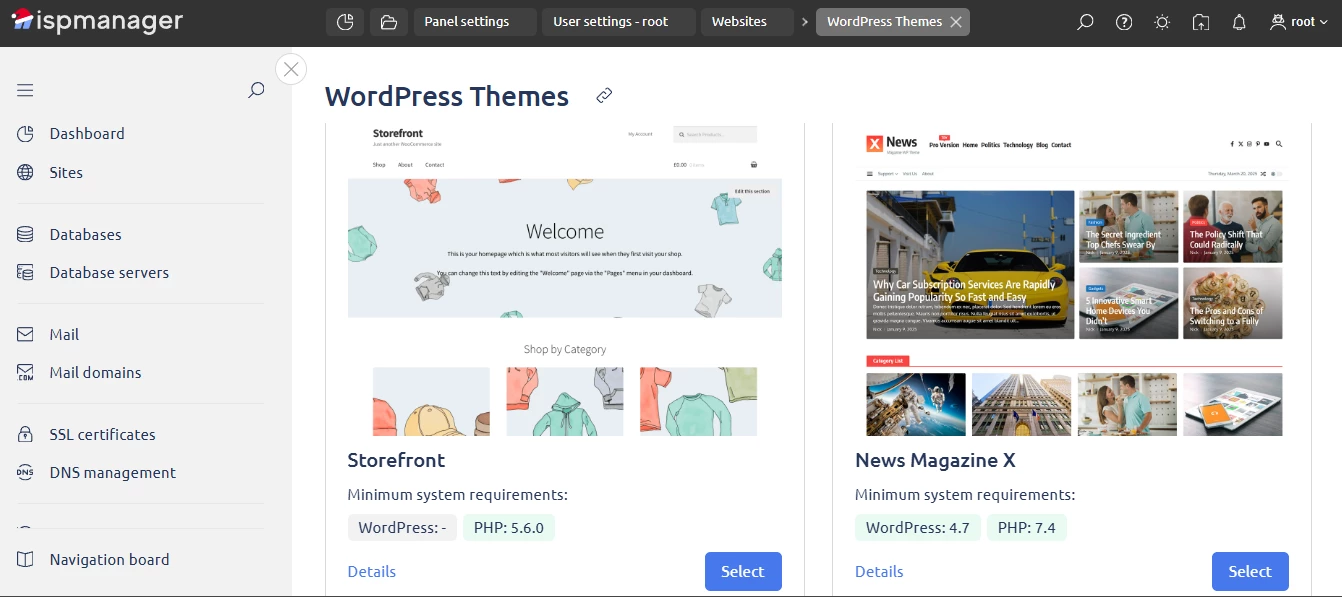 View of WordPress themes in ispmanager
