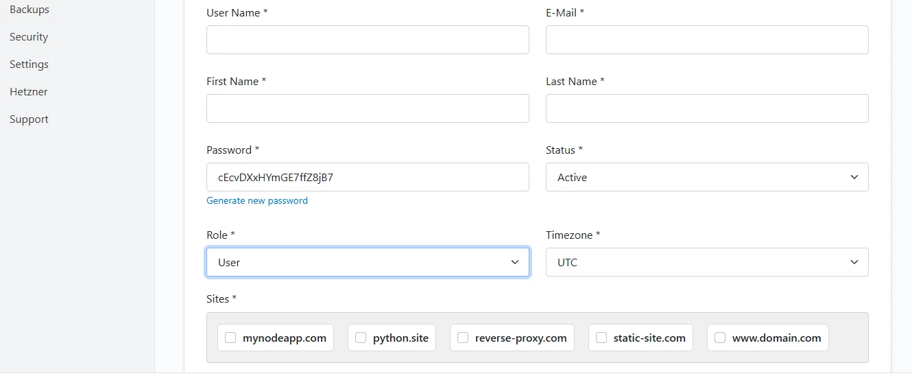 View of adding a new user in CloudPanel