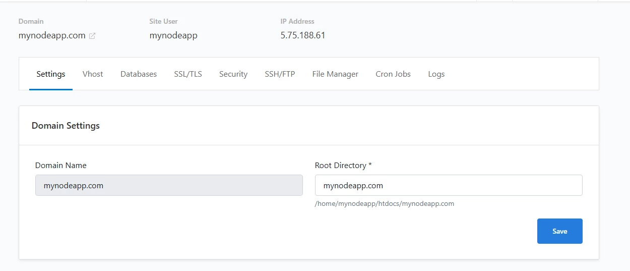 View of site management in CloudPanel