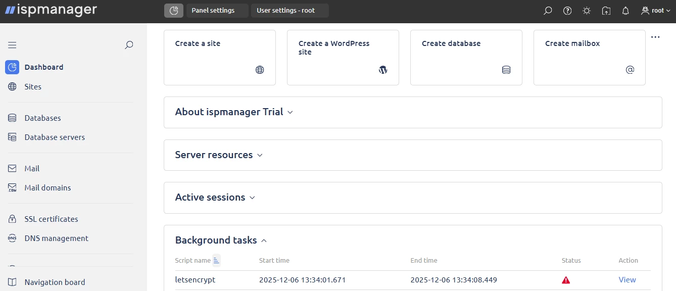 View of ispmanager dashboard