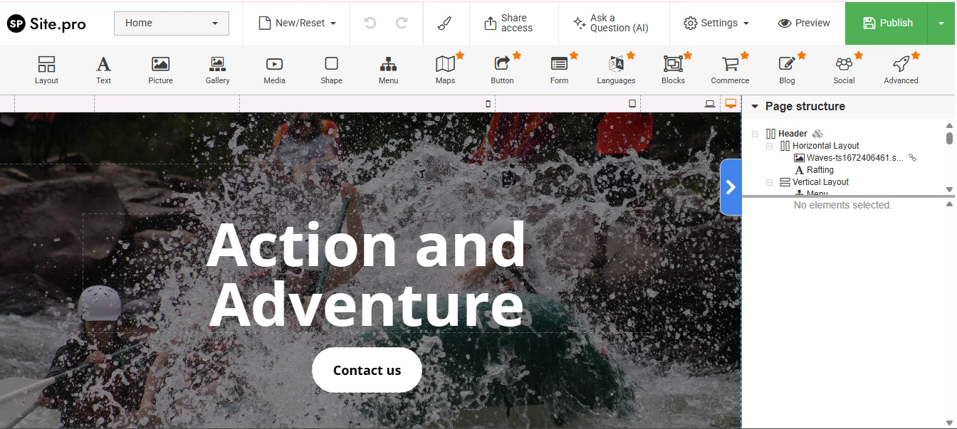 View of visual site builder in ispmanager