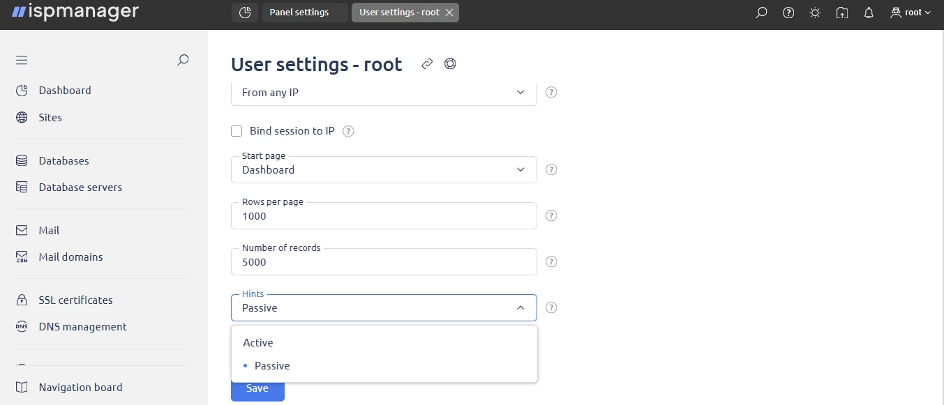 View of start page customization in ispmanager