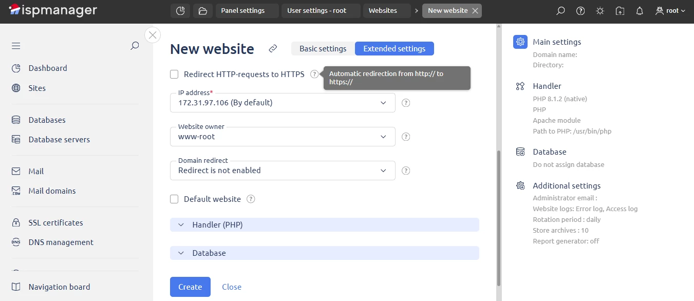 View of extended site settings in ispmanager