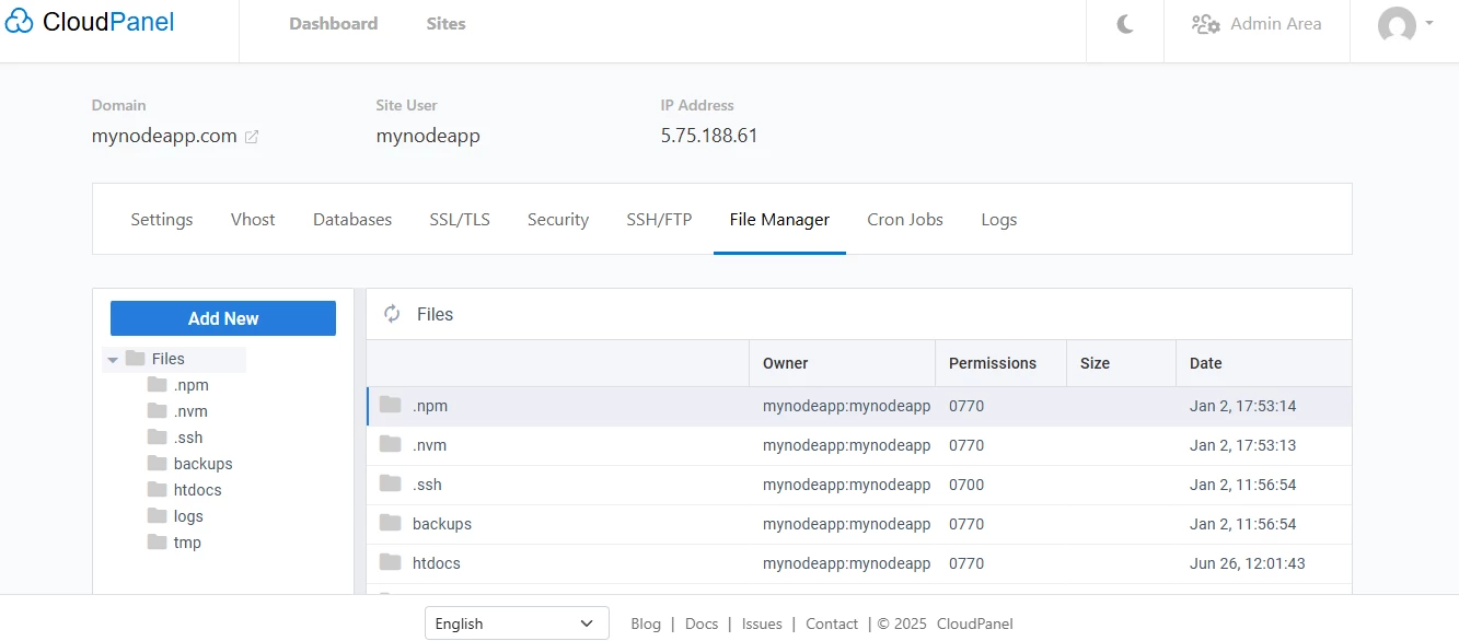 View of CloudPanel file manager