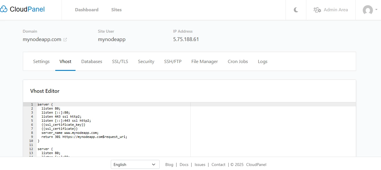 View of integrated Vhost in CloudPanel