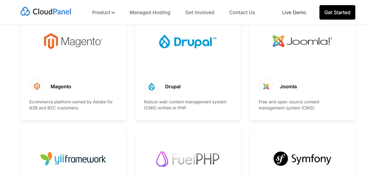 View of supported apps in CloudPanel
