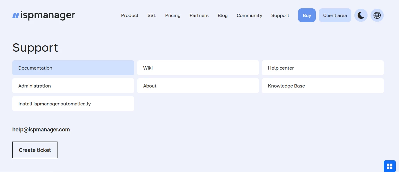 View of ispmanager support resources