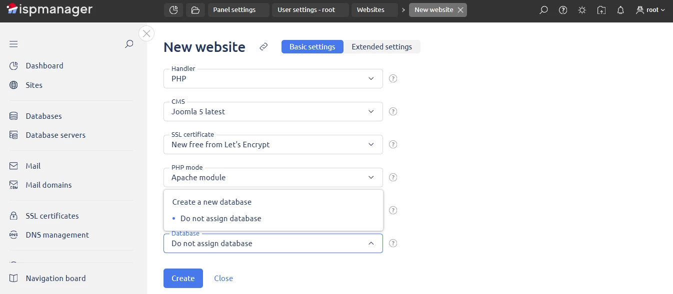 View of basic site settings in ispmanager