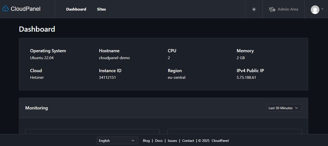 View of CloudPanel dark mode