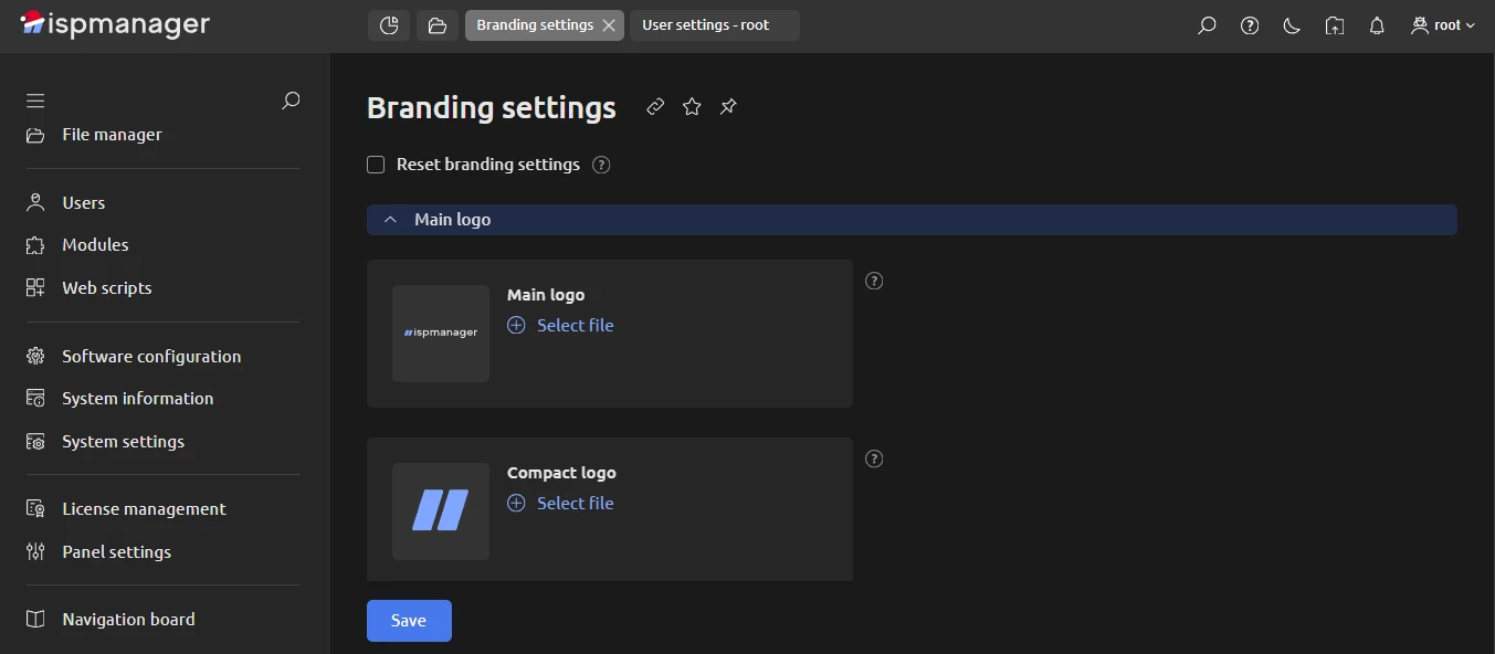 View of branding settings in ispmanager