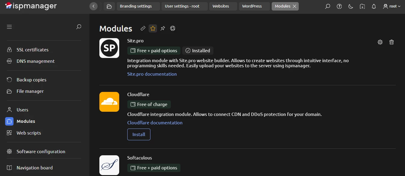 View of ispmanager security modules