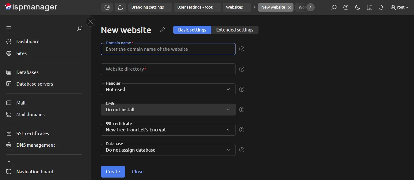 View of website setup in ispmanager
