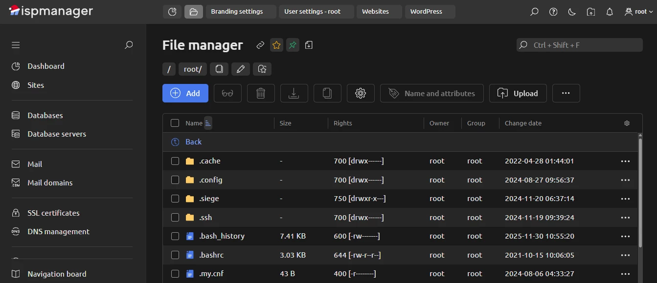 View of ispmanager file manager