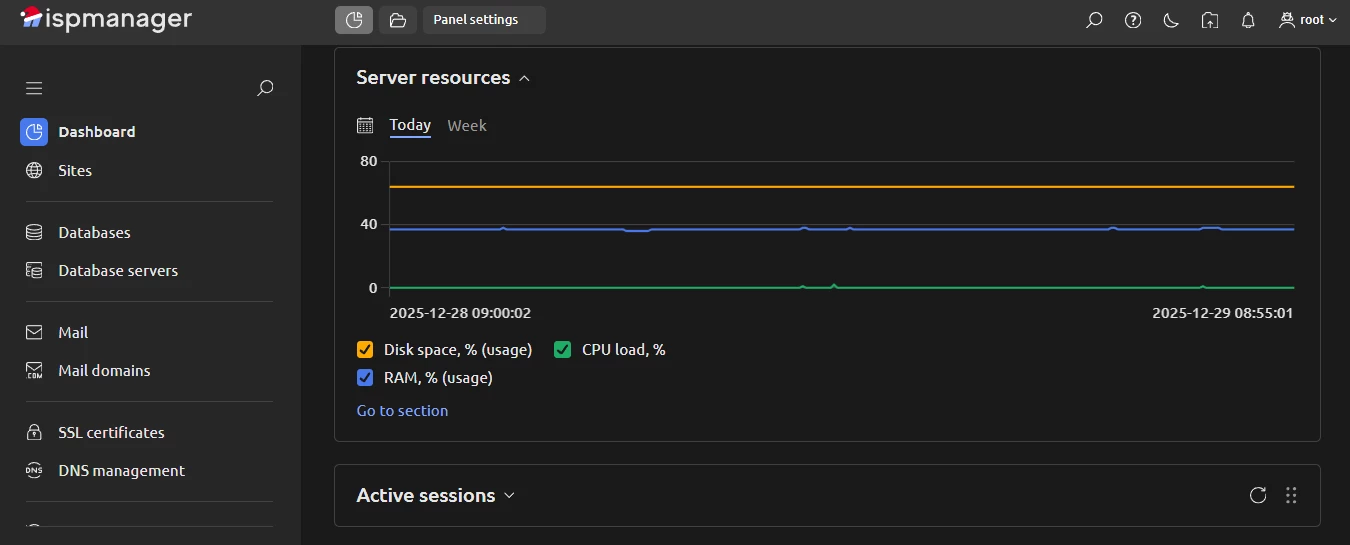 View of ispmanager dashboard