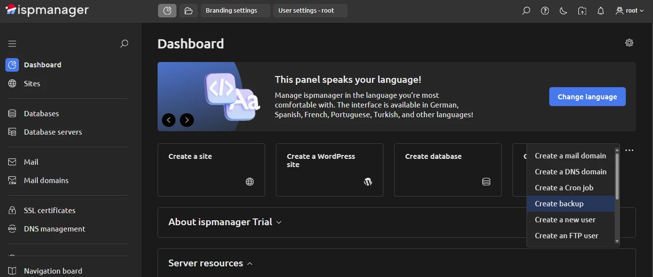 View of dashboard tasks in ispmanager