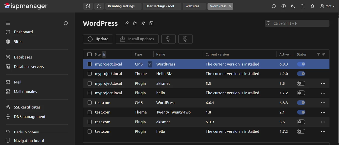 View of WordPress manager in ispmanager